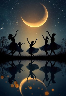 Four ballerinas dance under a crescent moon