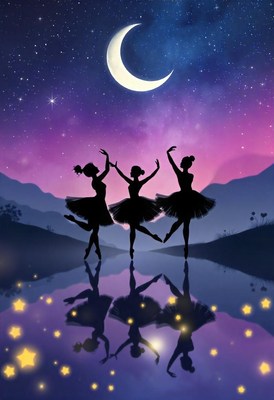 Three ballerinas dance under a crescent moon