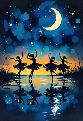 Four ballerinas dance under a crescent moon and starry sky