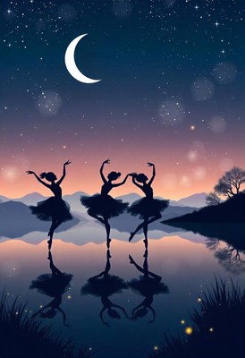 Three ballerinas dance under the moonlit sky