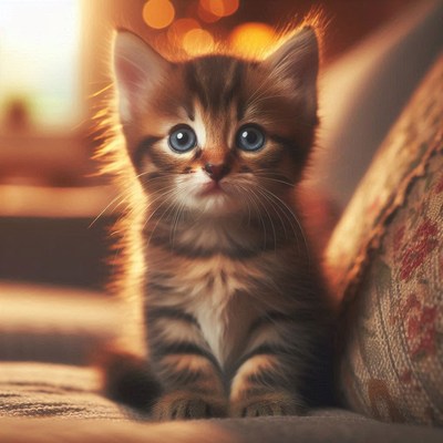A small, tabby kitten with blue eyes sits on a brown couch
