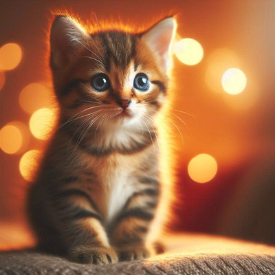 A small kitten sits in front of warm lights