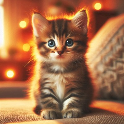 A cute kitten sits on a couch, glowing in the warm light
