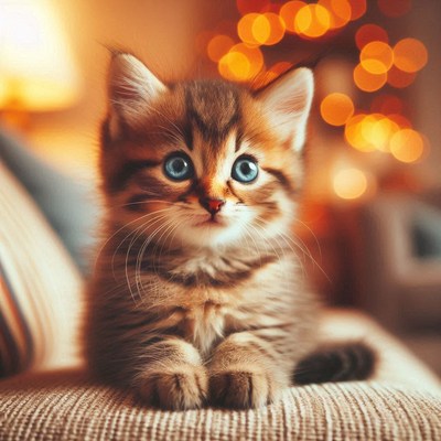 A brown tabby kitten with blue eyes sits on a couch