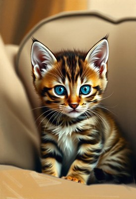 A cute tabby kitten with blue eyes sits on a couch