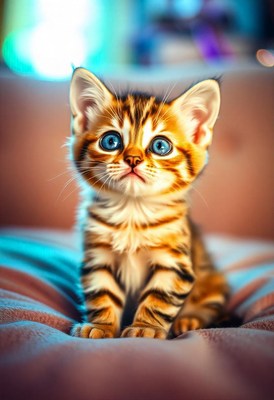 A cute kitten sits on a pink blanket and looks up