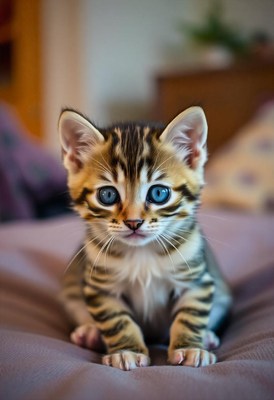 A cute tabby kitten with blue eyes sits on a bed