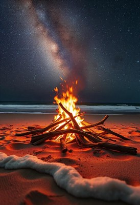 A roaring fire is burning on a sandy beach at night