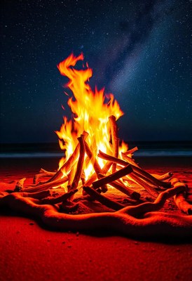 A campfire burns brightly on the beach under a starry sky