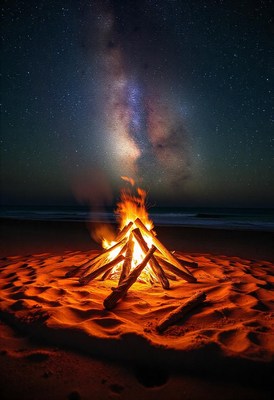 Bright campfire on the beach under the stars