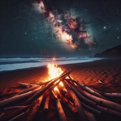 A crackling campfire on the beach under a starry sky