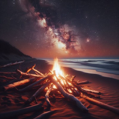 A campfire on the beach under the milky way