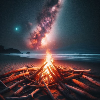 Bright campfire on a starry beach