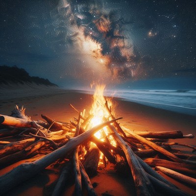 A crackling fire burns bright on a beach under a starry sky