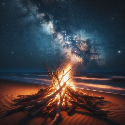 A bonfire on the beach under the milky way