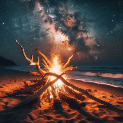 A crackling fire burns on a sandy beach under a starry night