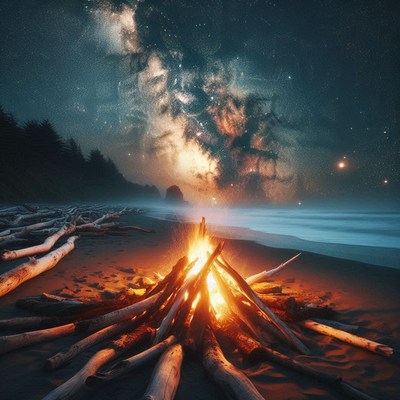Bright campfire on beach under starry sky