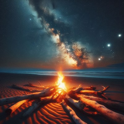 A campfire burns on a beach under the milky way