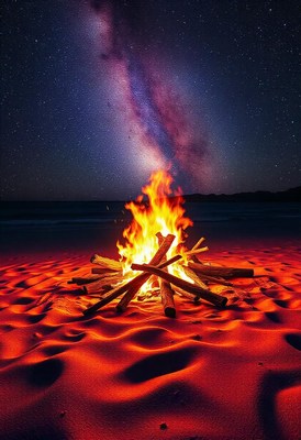 Campfire glows on sand beneath the milky way