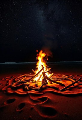 A campfire burns bright under a starry night sky