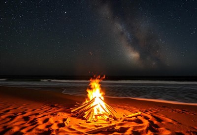 A bonfire on the beach under a starry sky