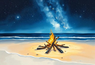 A campfire burns brightly on the beach under a starry sky
