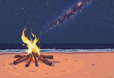 A beach bonfire burns under a starry sky