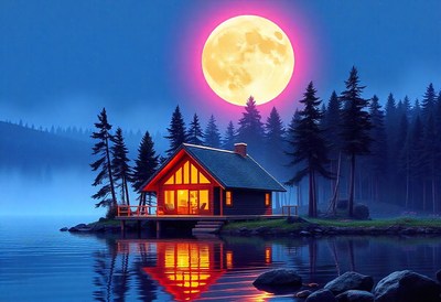 A small cabin sits on a lake under a bright moon