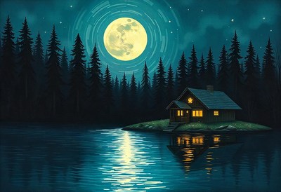 A cabin sits on a small island in a moonlit lake
