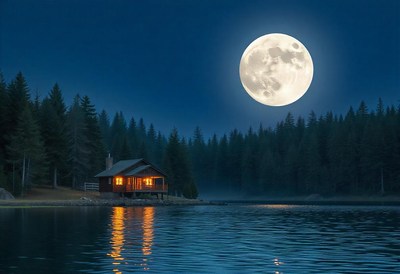 A cabin sits on a lake shore under a full moon