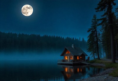 A cabin sits on a lake under a full moon
