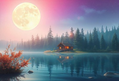 A cabin sits peacefully by a lake under the full moon