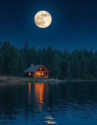 A cabin sits on a lake under a full moon
