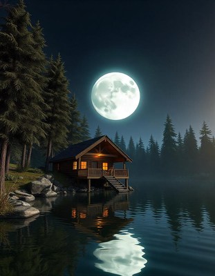 A cozy cabin sits on a lake under a full moon