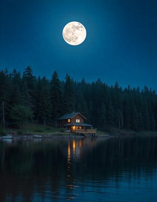 A cabin sits on a lake shore under a full moon