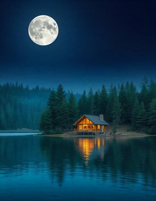 A cabin sits on a lake under a full moon