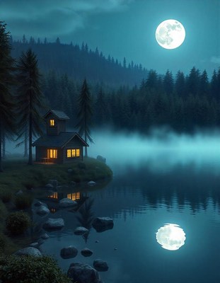 A cozy cabin sits by a lake under a full moon