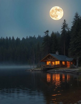 A cabin sits on a lake under a full moon