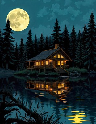 A cabin sits on a lake under a full moon