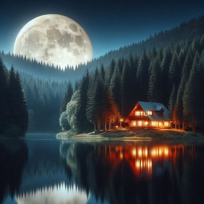 A cabin glows under a full moon in a forest by a lake