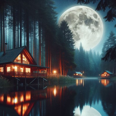 A cozy cabin sits on a lake under a full moon
