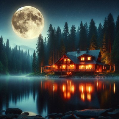 A cabin sits on a lake under a full moon