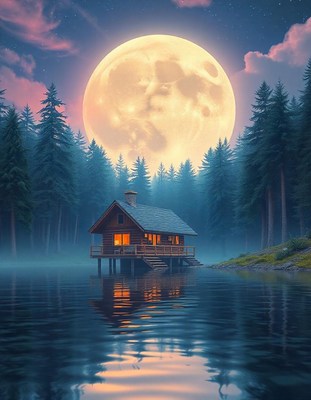 A small cabin sits on a lake under a full moon