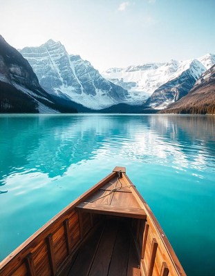 Wooden boat on turquoise lake near snowy mountains
