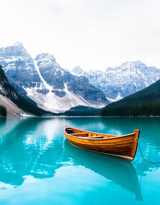 Wooden boat on a calm turquoise lake, mountains beyond