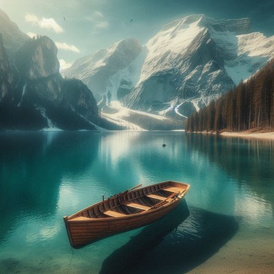 A wooden boat floats on a calm lake surrounded by mountains