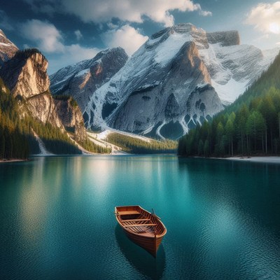 A wooden rowboat sits alone in a calm, blue lake