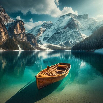 Wooden boat on a turquoise lake in the alps