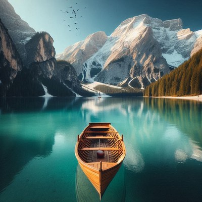 A wooden boat sits on a still lake in the mountains