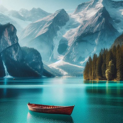 A wooden rowboat sits calmly on the surface of a calm lake